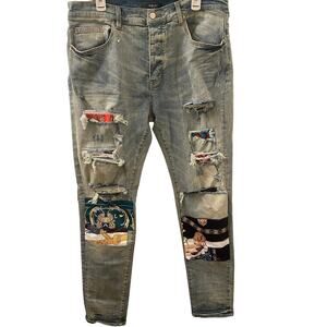 Amiri Scarves Art Patch Skinny Distressed Denim Jeans Size 38 x 31